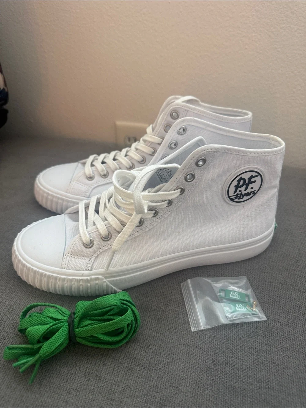 P.F. Flyers White High-Top Canvas Sneakers with Green Laces